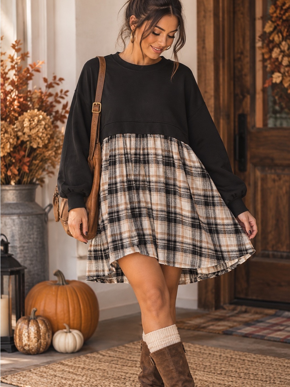 Talulah Black Plaid Mixed Media Sweatshirt Dress Tunic Medium